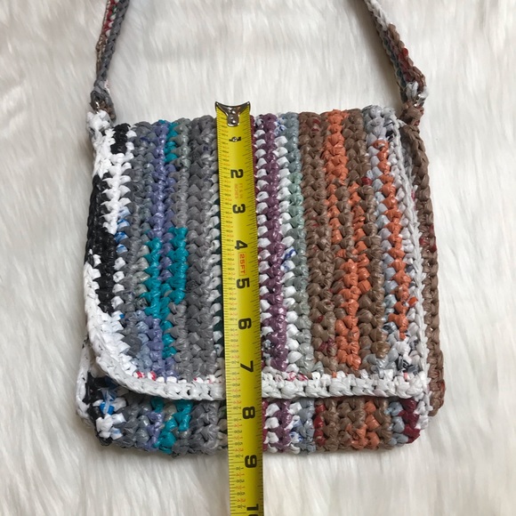 Upcycled Woven Crossbody Flap Purse Handmade Unique Recycled - Picture 4 of 12